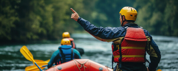 guide leading rafting safety session on river, demonstrating techniques and ensuring safety for participants. scene captures teamwork and adventure