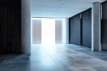 Modern, spacious hallway interior with concrete walls, tiled floor, and illuminated window panels creating a clean, elegant design. 3D Rendering