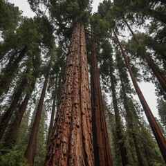 Fototapeta premium A redwood tree with towering height and detailed bark texture, isolated on a white background.