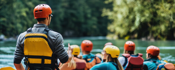 guide leading rafting safety session by river, ensuring participants are prepared and informed. atmosphere is focused and engaging, with vibrant helmets and life jackets