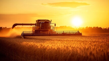 Naklejka premium Combine harvester middle field sunset sky is orange red soybean