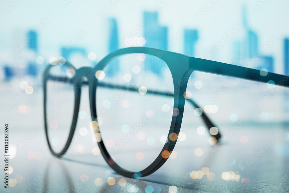 Poster Close-up of eyeglasses on a desk with a blurred city background and light bokeh effects, conveying a business and focus concept. 3D Rendering