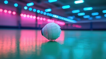 A close-up of a shuttlecock on a vibrant court illuminated with colorful lights.
