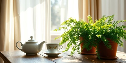 A teapot, cup, and saucer resting on a wooden table next to a fern plant, illuminated by the warm morning sun streaming through a window