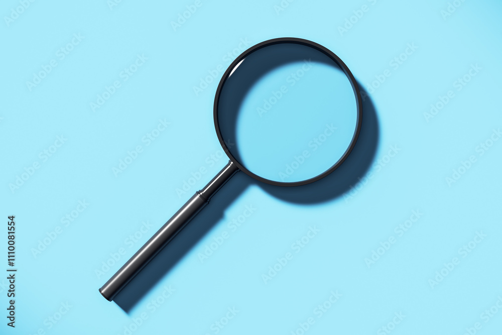 Poster magnifying glass on light blue background, isolated and modern design, symbolizing research and sear