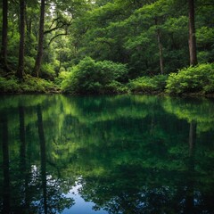 Hidden Forest Lake: A secluded lake surrounded by dense trees, reflecting the vibrant green canopy.

