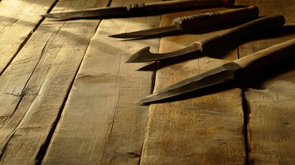 Close-up of ancient stone tools, sharp flint knives, and polished axes on a weathered wooden surface, symbolizing prehistoric craftsmanship and the dawn of human ingenuity.