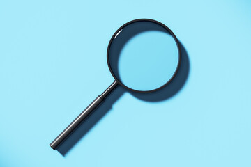 Magnifying glass on light blue background, isolated and modern design, symbolizing research and search concept in a clean business style. 3D Rendering