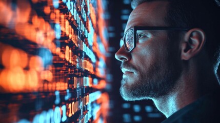 Man  face profile looking up computer screen software developer, program codes