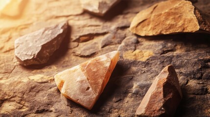 Close-up of ancient stone tools, sharp flint knives, and polished axes on a weathered wooden surface, symbolizing prehistoric craftsmanship and the dawn of human ingenuity.