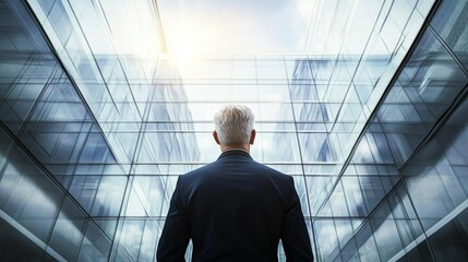 Fototapeta premium Man suit standing front modern building glass walls Back of businessman