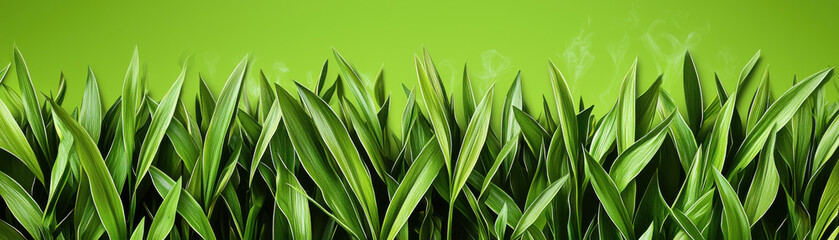 Fototapeta premium Lush green grass with vibrant leaves and water vapor rising gently