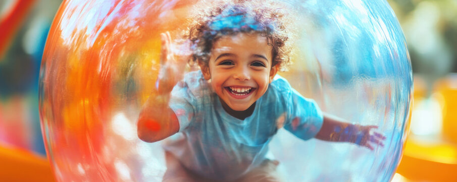 Child smiling inside brightly colored zorb sphere, enjoying playful moment. vibrant colors and joyful expression create fun atmosphere