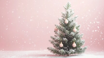 A minimalist tree with wooden ornaments and white lights, set against a pastel pink background with subtle glittering snowflakes.