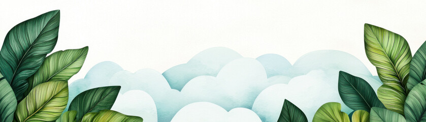 Lush green leaves framing soft cloud background, creating serene atmosphere
