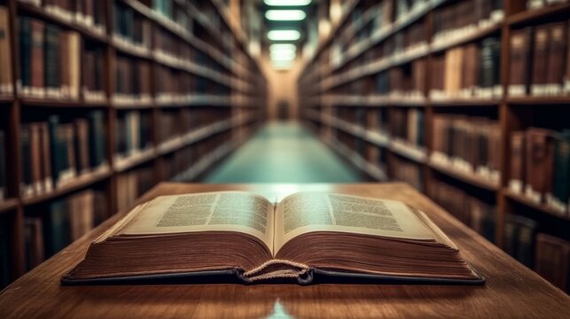 Open book wooden table library is resting top in
