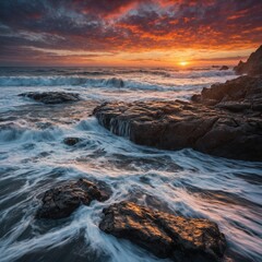 Obraz premium Rocky Seashore: Waves breaking over jagged rocks under a vivid sunset sky.
