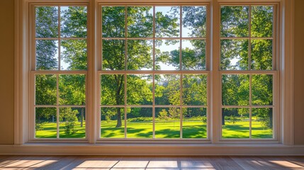 Window room view trees greenery outside is made New Plastic frames