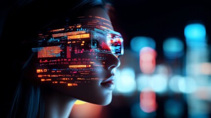 Woman face futuristic interface her forehead is portrait