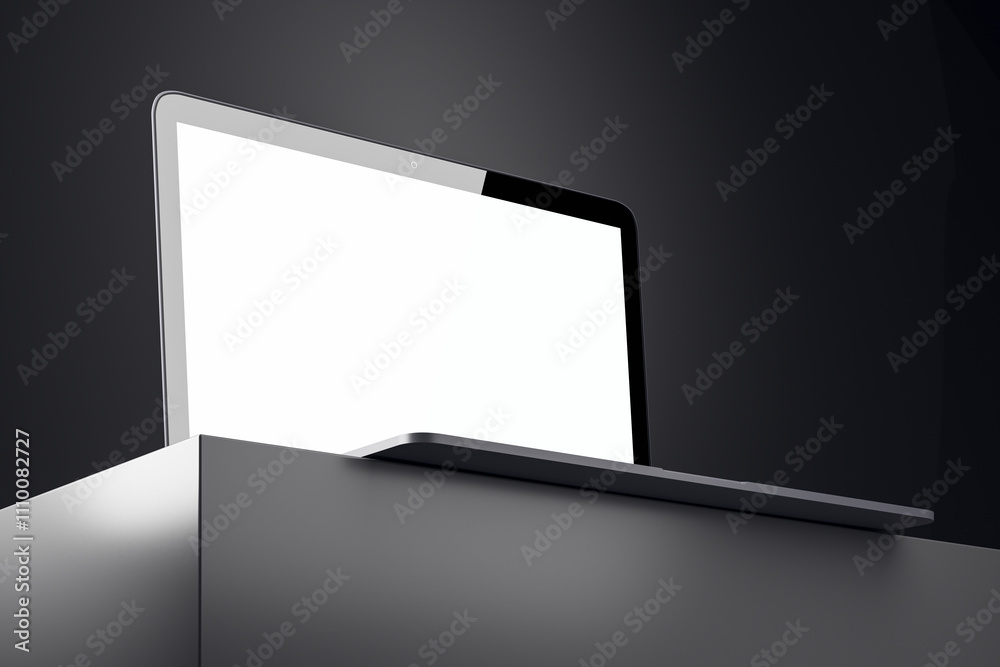 Poster Minimalistic laptop with blank screen on podium in dark studio spotlight background. 3D Rendering