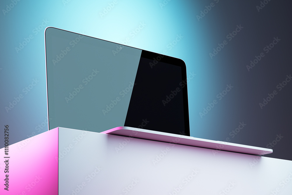 Poster modern laptop on a stylish platform under studio lighting with a clean, blank display. 3d rendering