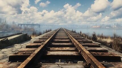 Naklejka premium Rusty railroad tracks stretching to a distant, hazy horizon over water.