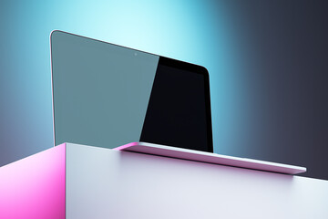 Modern laptop on a stylish platform under studio lighting with a clean, blank display. 3D Rendering