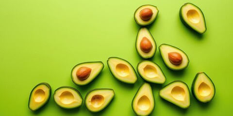 A vibrant green background showcases a cluster of avocado halves, their creamy insides gleaming with a golden hue, revealing the seed within each.