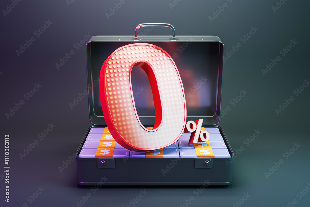 Poster Zero percent symbol in front of an open briefcase filled with stacks of money on a dark gradient background. 3D Rendering
