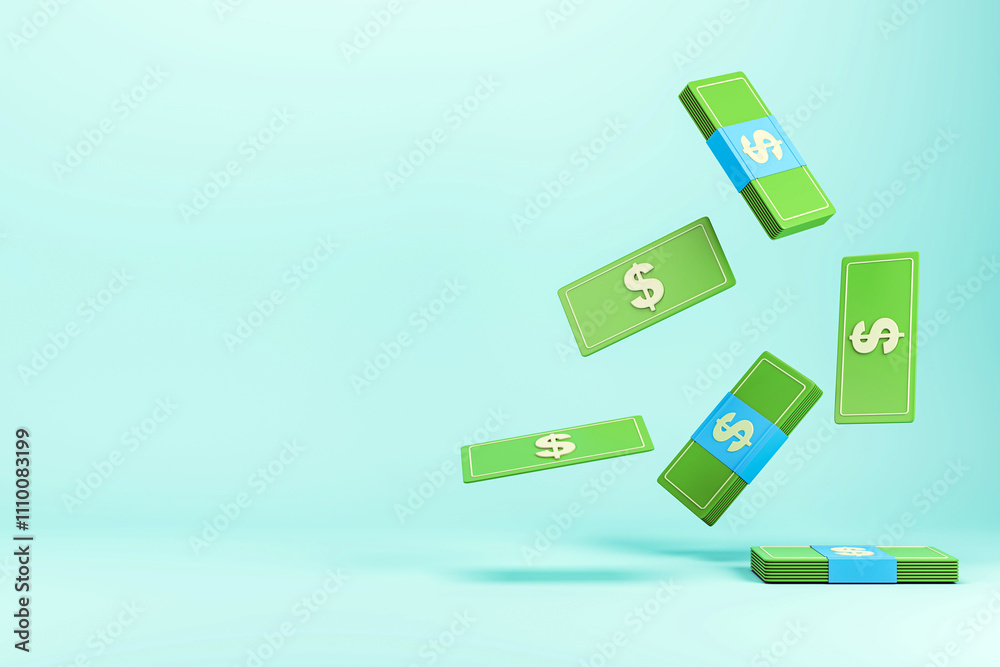 Poster Abstract view of floating green dollar bills with a light blue background showcasing a financial and savings concept. 3D Rendering
