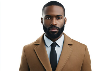 Front close-up ID photo of a black man with short, regular hair and a beard, wearing a light blue shirt and black tie, dressed in a brown overcoat