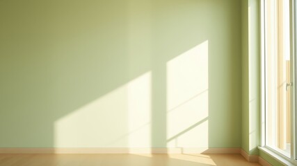 Minimalist interior with a single window casting a soft light on a pale green wall and wooden floor