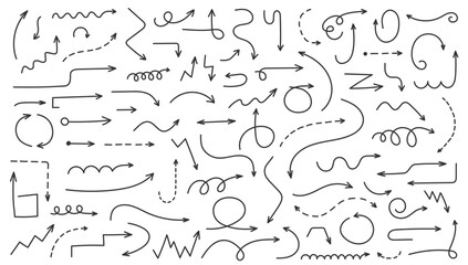 Hand drawn curved and dashed arrows collection, doodle elements, vector eps10 illustration