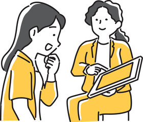 タブレットで説明する女性