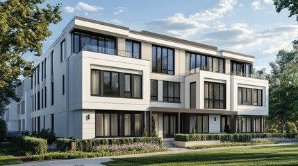 Bright minimalist kitchen with white cabinetry, sleek countertops, and sunlight filtering through expansive windows