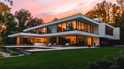 Exterior view of a minimalist house, showcasing white walls, long glass windows, and a warm sunset glow