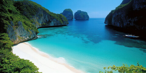 Fototapeta premium stunning view of Phi Phi Island featuring turquoise waters, white sandy beach, and lush green cliffs. This tropical paradise invites relaxation and adventure