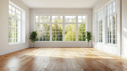 Fototapeta premium Open-plan living space in a minimalist home, featuring white walls, wooden floors, and long windows framing scenic outdoor views
