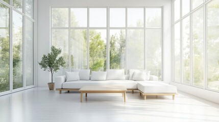 Fototapeta premium Spacious minimalist living room in white tones, featuring floor-to-ceiling windows and a light wood coffee table, bathed in natural light