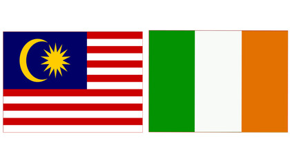 Malaysia national flag with Ireland Official flag, both countries flags are in Horizontal shape and isolated on white background. Rectangular colorful design Flag with together