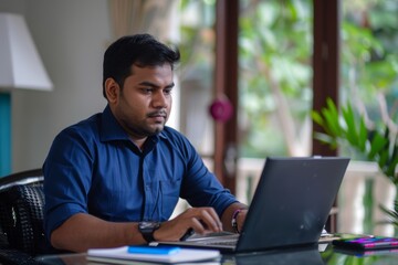 Fototapeta premium Portrait of handsome young indian man using laptop and earphone at home office