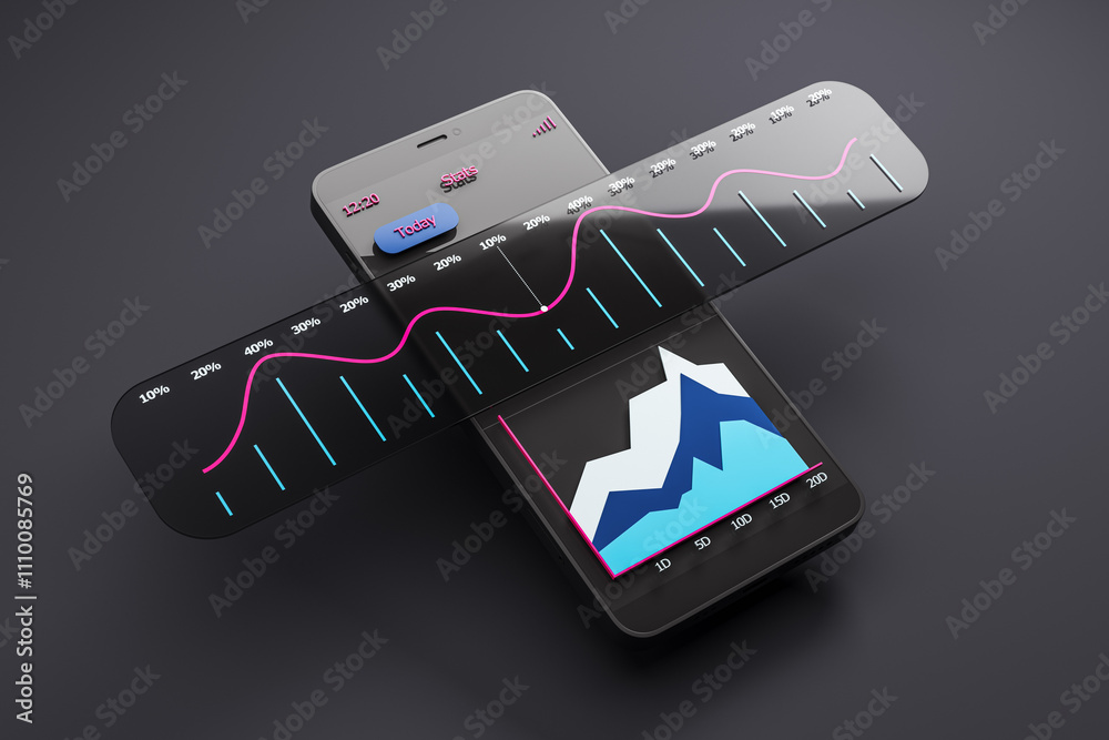 Aufkleber Smartphone displaying digital graphs and charts for financial analytics on dark background. 3D Rendering