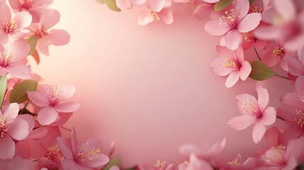 Obraz premium Pink background with pink cherry blossoms on the edges, pink background with peach blossom decoratio