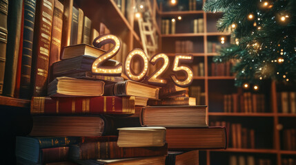 Happy 2025 new year education concept. Bookshelves with books in the form of text 2025. 3d illustration