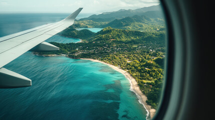 Fototapeta premium Aerial view of tropical beach with turquoise water and lush greenery. airplane wing frames stunning landscape, showcasing beauty of nature from above