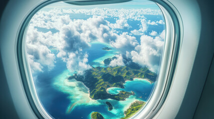 Naklejka premium Aerial view of beautiful island surrounded by turquoise waters and clouds, seen from airplane window. vibrant landscape showcases lush greenery and sandy beaches