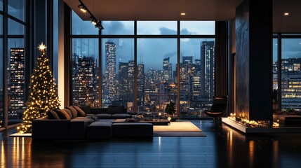Obraz premium A sleek loft apartment with floor-to-ceiling windows, a minimalist Christmas tree, and a breathtaking view of the city skyline under twinkling stars.