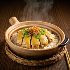 Steaming claypot chicken rice with crispy fried onions and spring onions