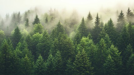 Fototapeta premium Thick fog enveloped the forest in the morning, only the green tree tops were visible from above.