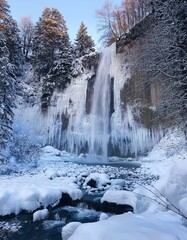 凍った滝の下、雪が降り積もる静寂な冬の景色
